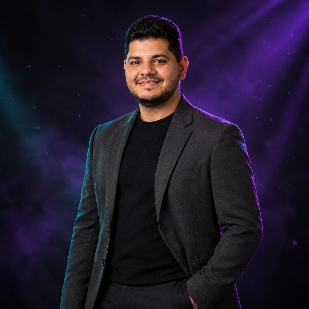 Mohamed Khaled, web designer and developer, against a violet-lit backdrop