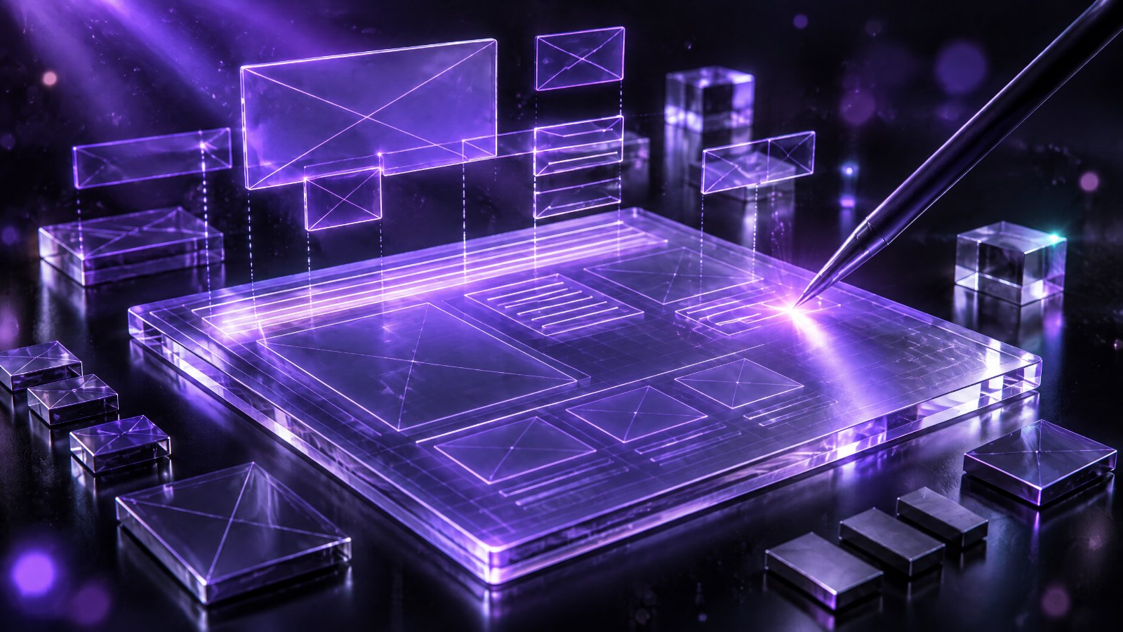 A glowing blank artboard with a layout grid and wireframe blocks being drawn by a stylus